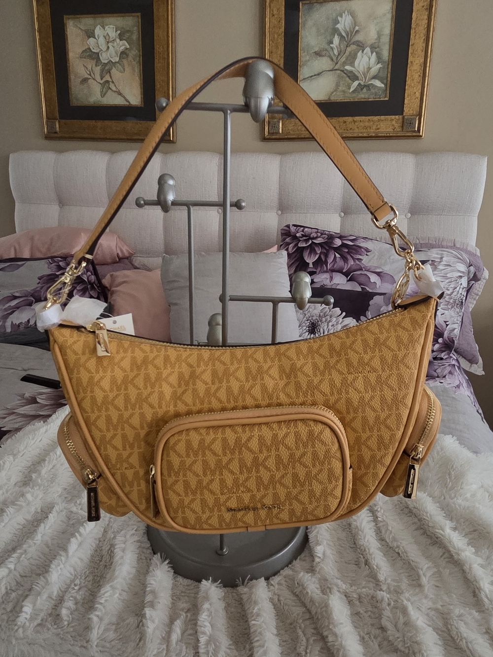 Michael Kors Tan Jacquard Crescent Shoulder Bag with Gold Hardware